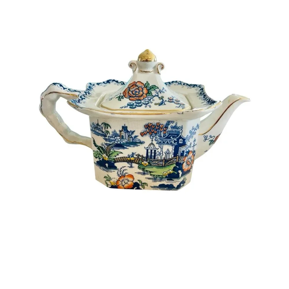 Vintage Staffordshire England Ironstone Pagoda Chinoiserie Teapot Gold Trim